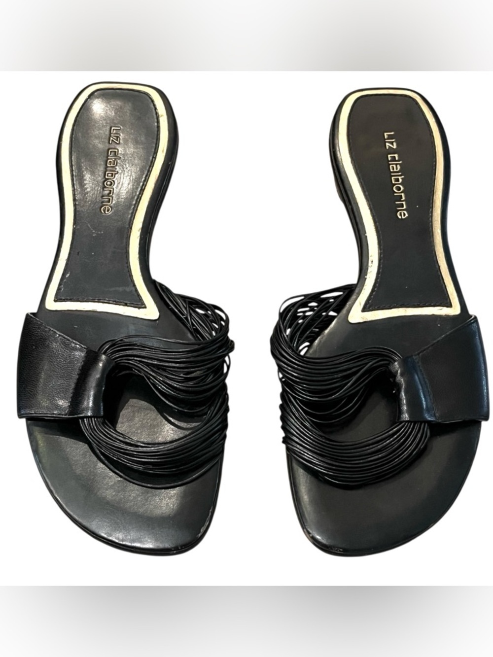 Vintage Liz Claiborne Black Leather Slide Sandals Loop Detail Y2K Minimalist 7M